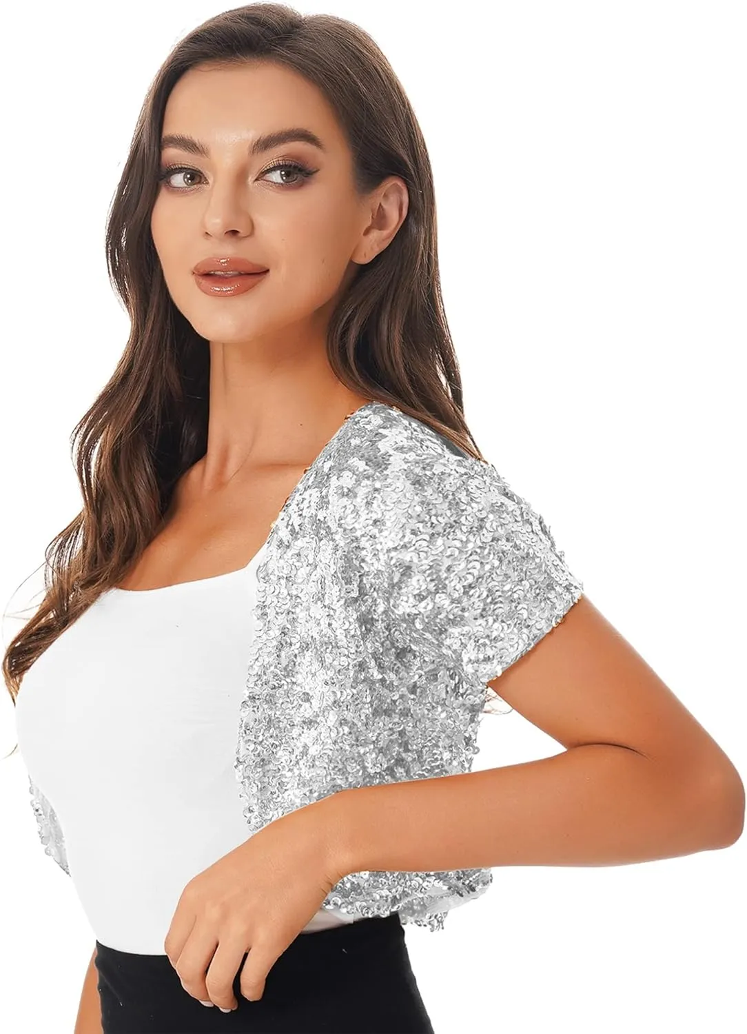 FEESHOW Women's Shiny Sequin Jacket Short Sleeve Open Front Cardigan Jacket Bolero Shrug Coat Tops