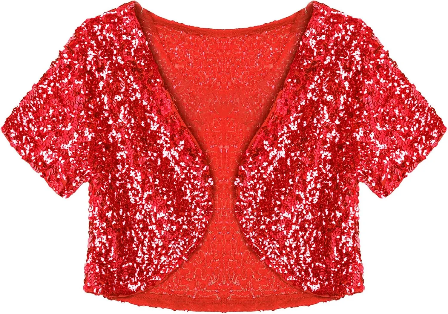 FEESHOW Women's Shiny Sequin Jacket Short Sleeve Open Front Cardigan Jacket Bolero Shrug Coat Tops