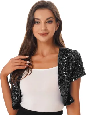 FEESHOW Women's Shiny Sequin Jacket Short Sleeve Open Front Cardigan Jacket Bolero Shrug Coat Tops