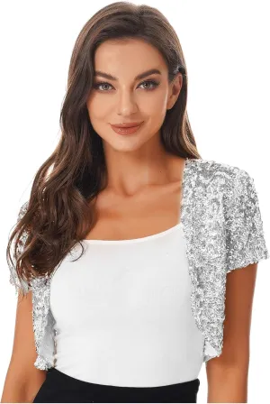 FEESHOW Women's Shiny Sequin Jacket Short Sleeve Open Front Cardigan Jacket Bolero Shrug Coat Tops