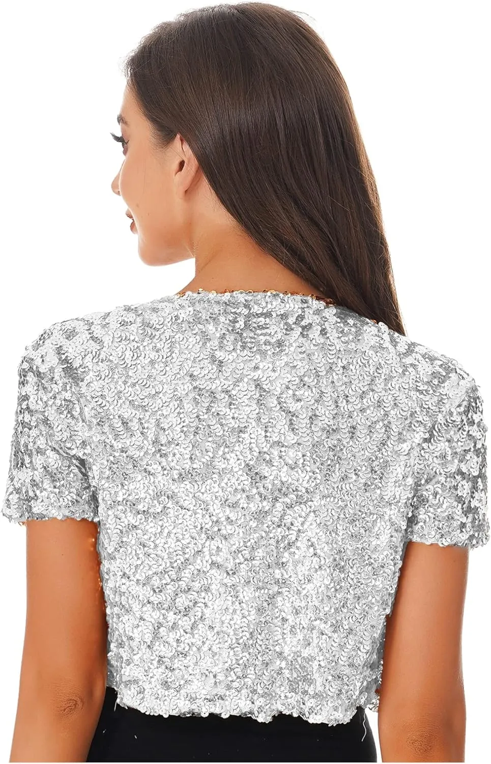 FEESHOW Women's Shiny Sequin Jacket Short Sleeve Open Front Cardigan Jacket Bolero Shrug Coat Tops