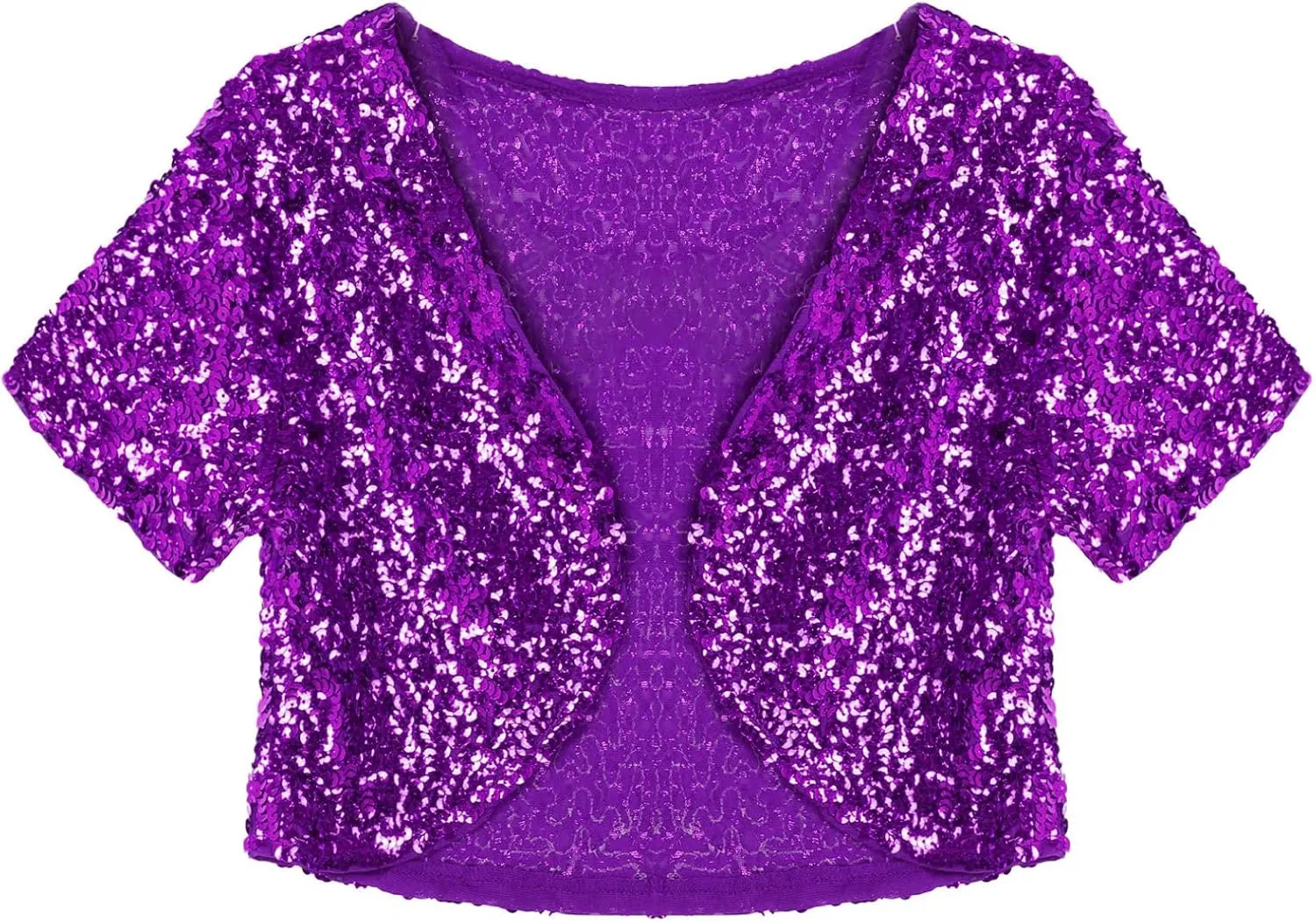 FEESHOW Women's Shiny Sequin Jacket Short Sleeve Open Front Cardigan Jacket Bolero Shrug Coat Tops