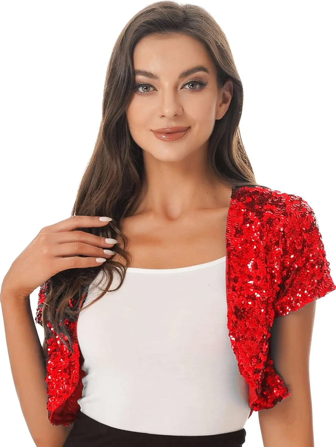 FEESHOW Women's Shiny Sequin Jacket Short Sleeve Open Front Cardigan Jacket Bolero Shrug Coat Tops