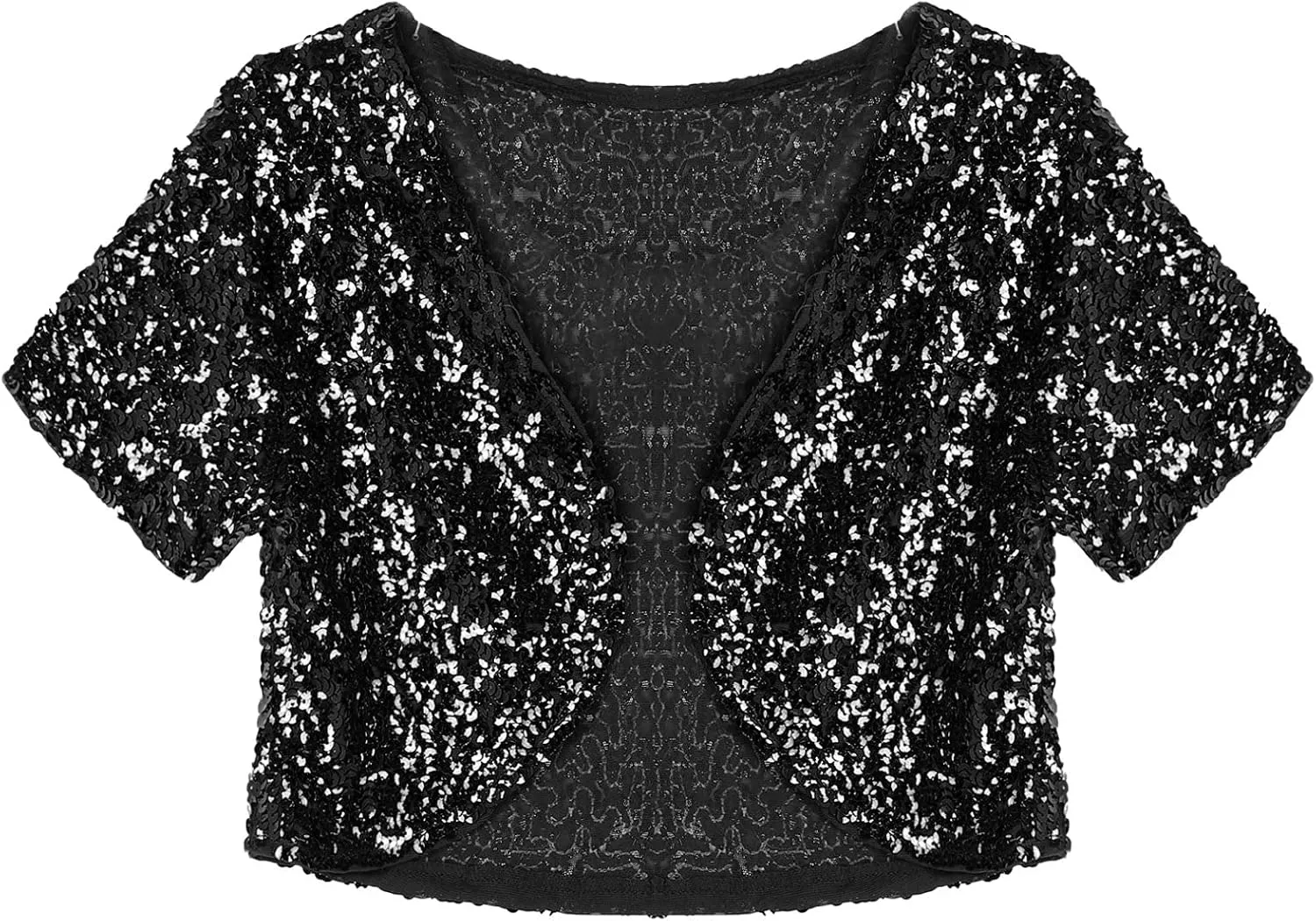 FEESHOW Women's Shiny Sequin Jacket Short Sleeve Open Front Cardigan Jacket Bolero Shrug Coat Tops