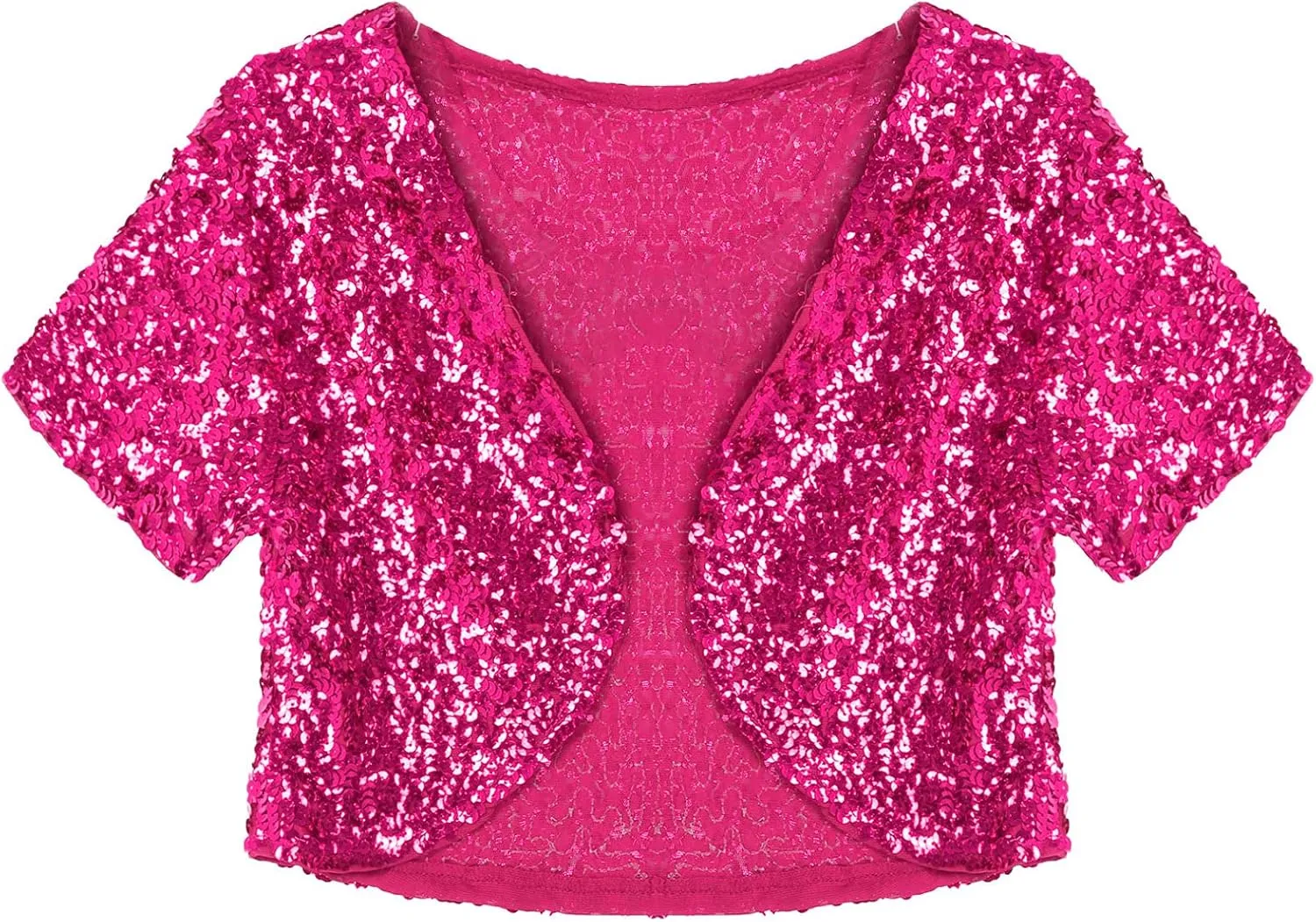 FEESHOW Women's Shiny Sequin Jacket Short Sleeve Open Front Cardigan Jacket Bolero Shrug Coat Tops