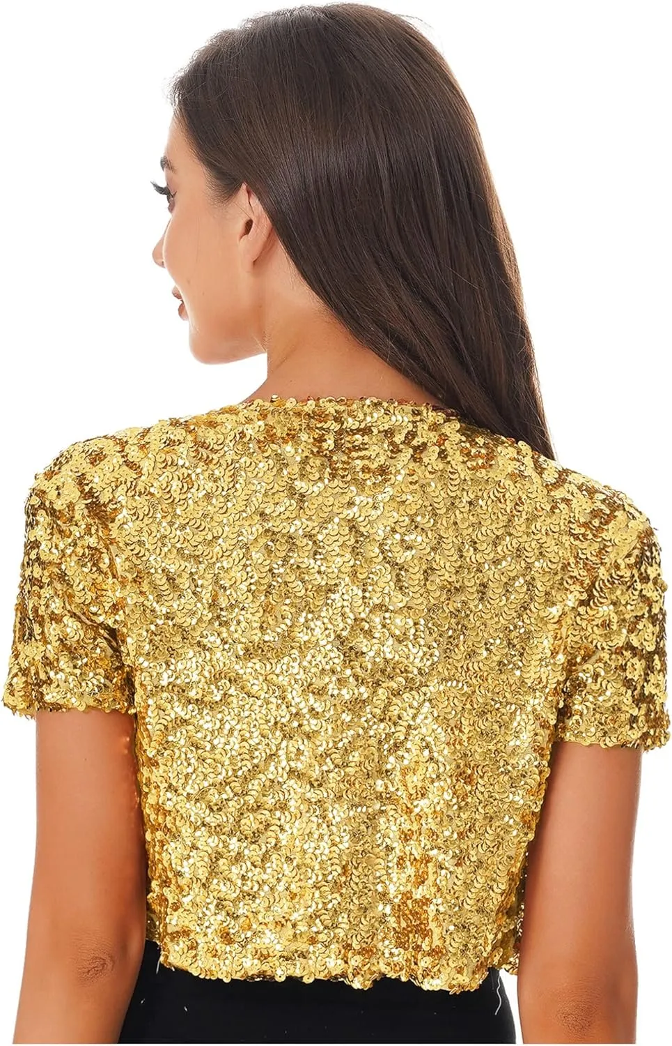 FEESHOW Women's Shiny Sequin Jacket Short Sleeve Open Front Cardigan Jacket Bolero Shrug Coat Tops