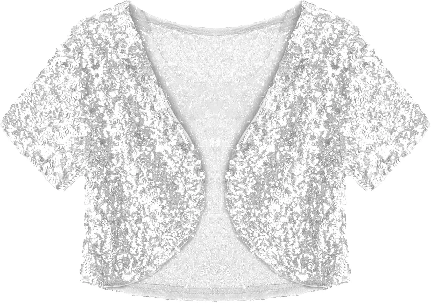 FEESHOW Women's Shiny Sequin Jacket Short Sleeve Open Front Cardigan Jacket Bolero Shrug Coat Tops