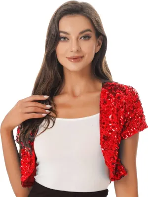 FEESHOW Women's Shiny Sequin Jacket Short Sleeve Open Front Cardigan Jacket Bolero Shrug Coat Tops