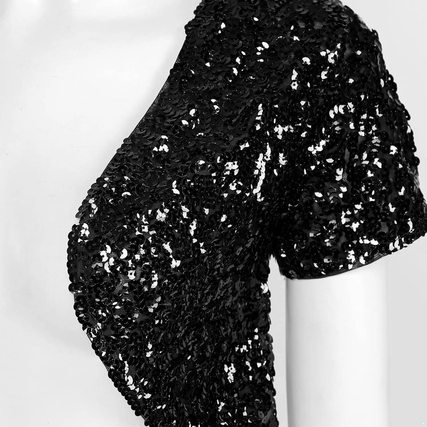 FEESHOW Women's Shiny Sequin Jacket Short Sleeve Open Front Cardigan Jacket Bolero Shrug Coat Tops