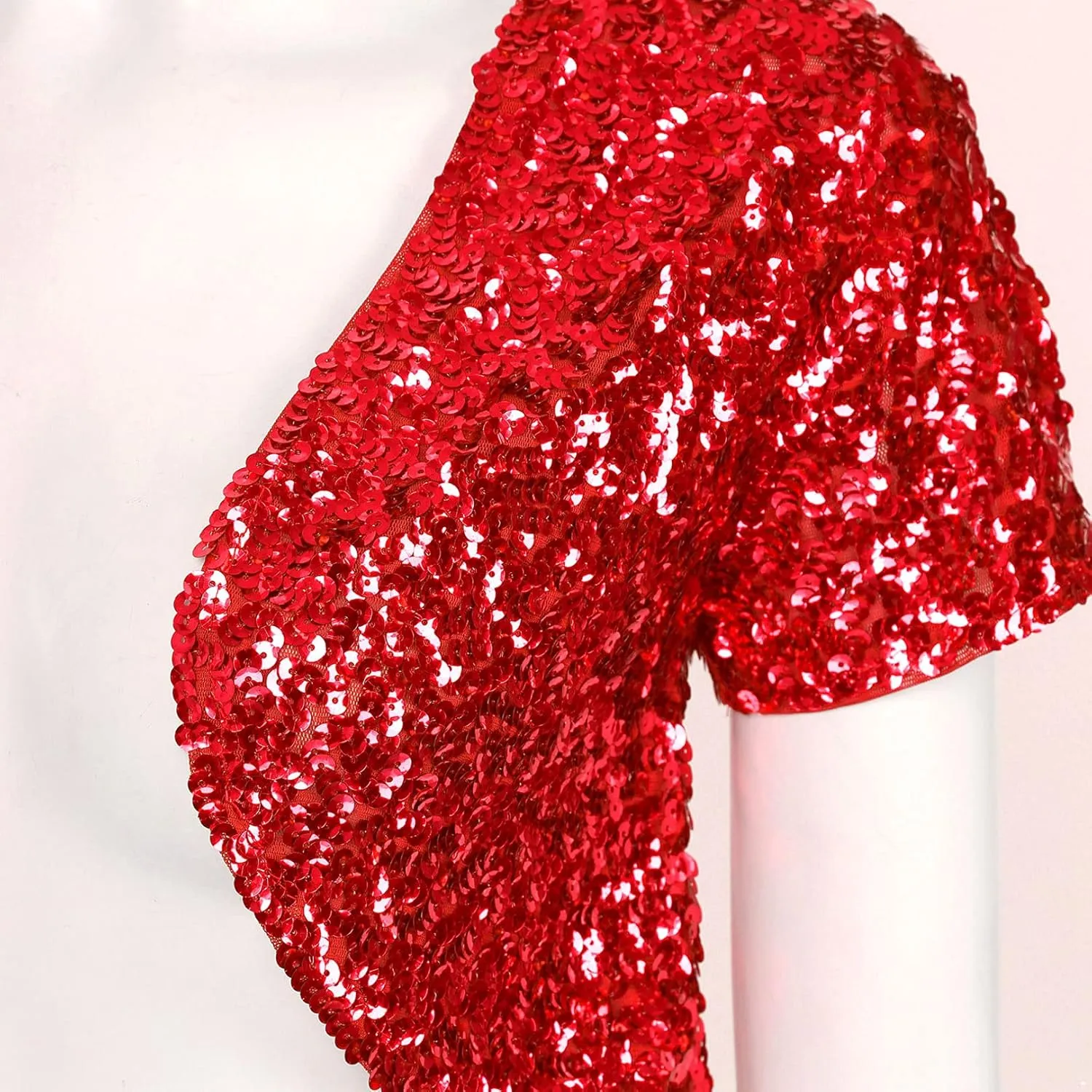 FEESHOW Women's Shiny Sequin Jacket Short Sleeve Open Front Cardigan Jacket Bolero Shrug Coat Tops