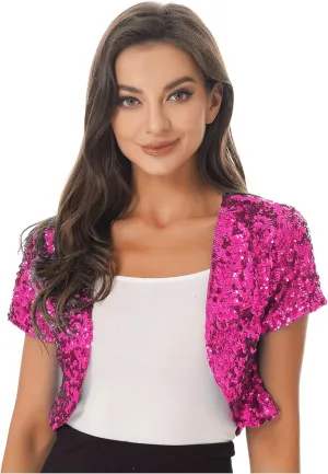 FEESHOW Women's Shiny Sequin Jacket Short Sleeve Open Front Cardigan Jacket Bolero Shrug Coat Tops