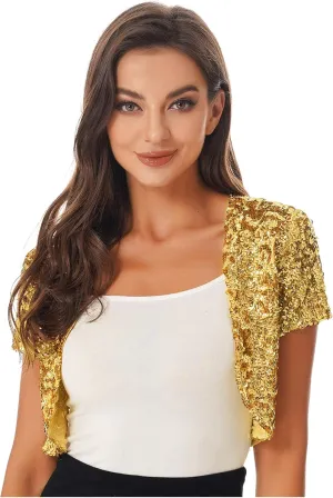 FEESHOW Women's Shiny Sequin Jacket Short Sleeve Open Front Cardigan Jacket Bolero Shrug Coat Tops