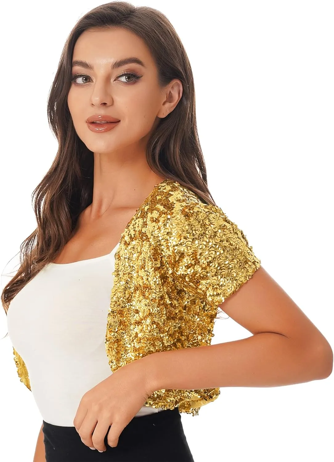 FEESHOW Women's Shiny Sequin Jacket Short Sleeve Open Front Cardigan Jacket Bolero Shrug Coat Tops