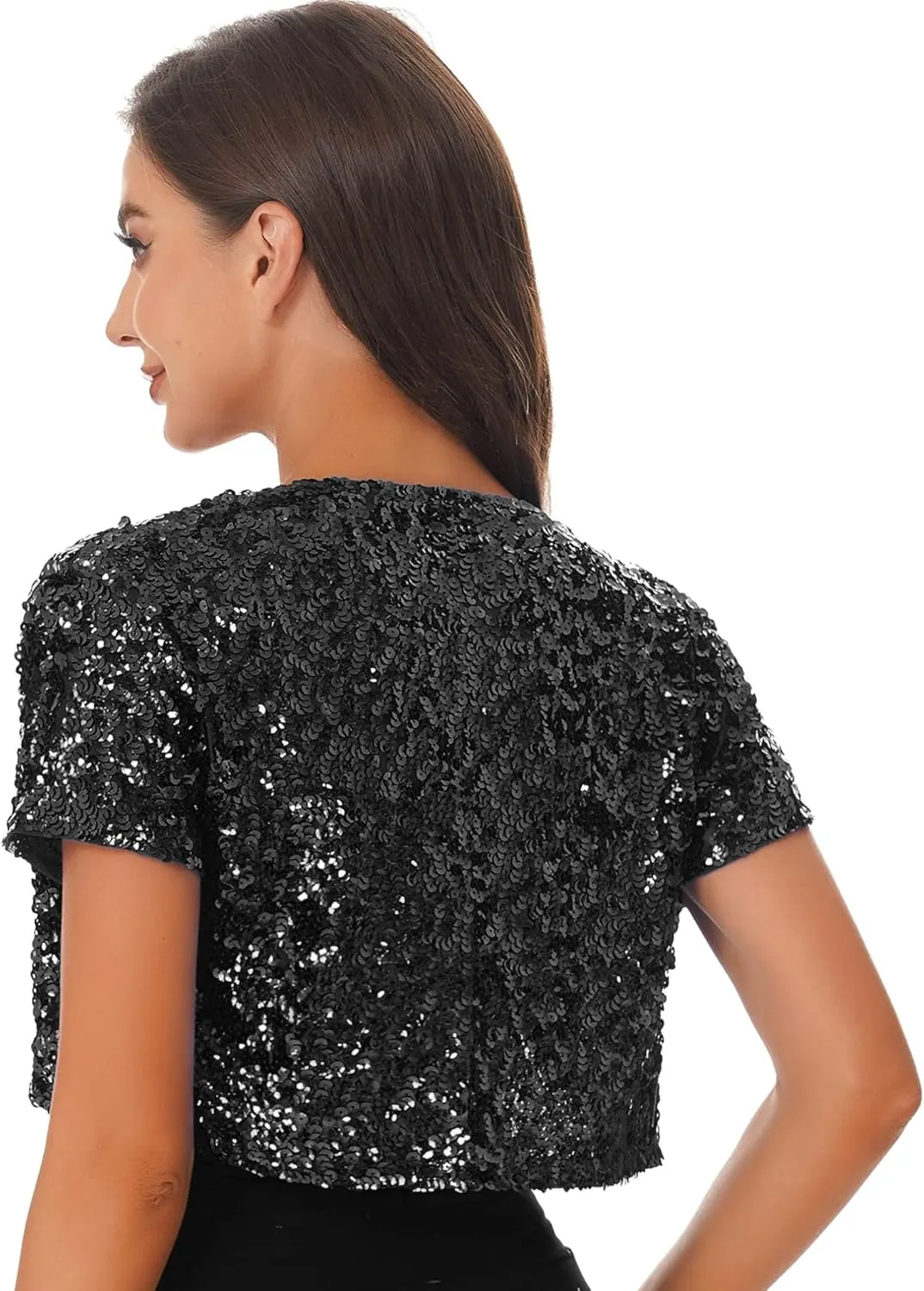 FEESHOW Women's Shiny Sequin Jacket Short Sleeve Open Front Cardigan Jacket Bolero Shrug Coat Tops