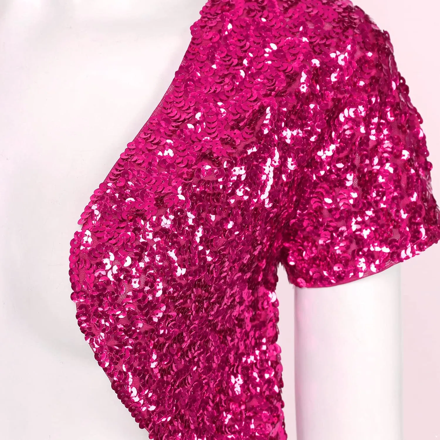 FEESHOW Women's Shiny Sequin Jacket Short Sleeve Open Front Cardigan Jacket Bolero Shrug Coat Tops