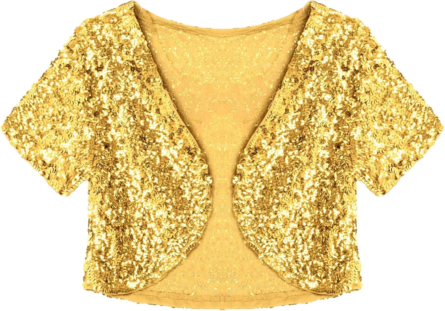 FEESHOW Women's Shiny Sequin Jacket Short Sleeve Open Front Cardigan Jacket Bolero Shrug Coat Tops