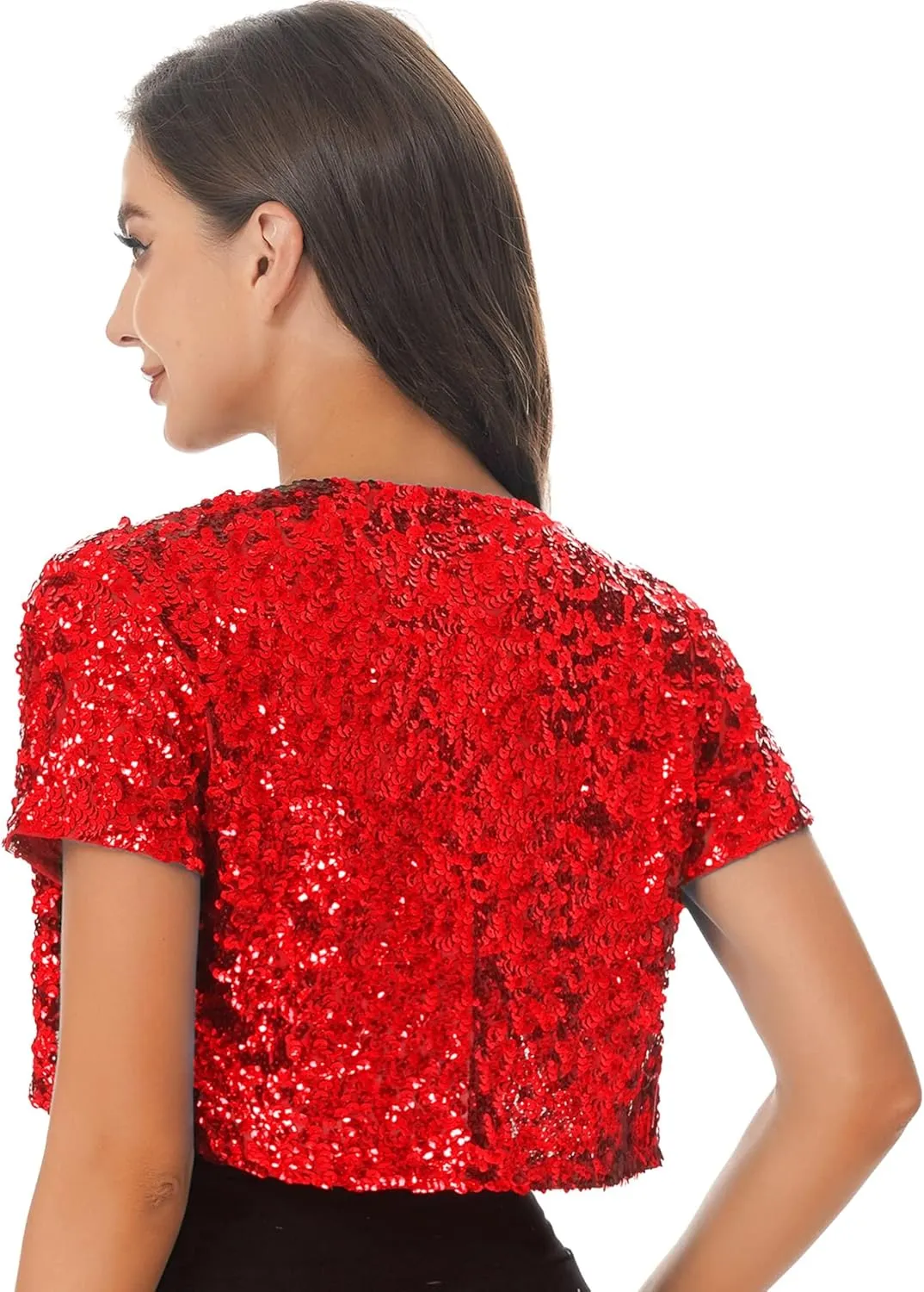 FEESHOW Women's Shiny Sequin Jacket Short Sleeve Open Front Cardigan Jacket Bolero Shrug Coat Tops