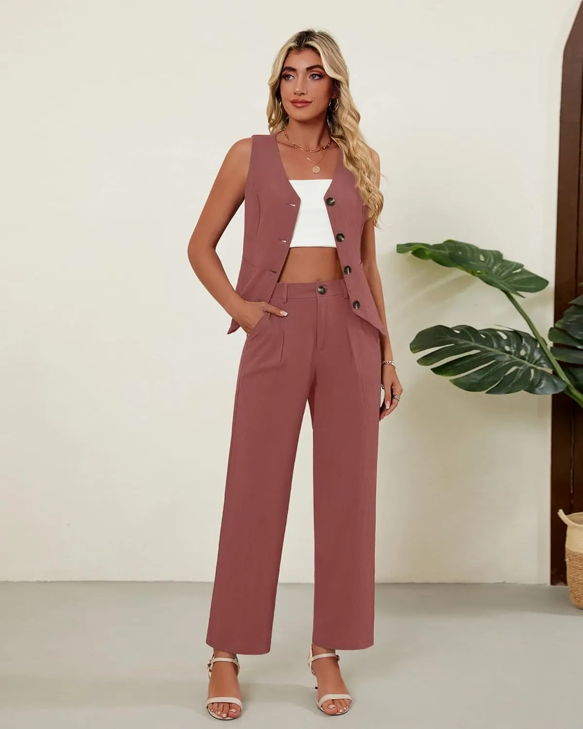 Ficerd Women's 2 Piece Outfits, Sleeveless Cotton Suit Vest and Wide Leg Pant Summer Business Casual Button V Neck Blazer Set