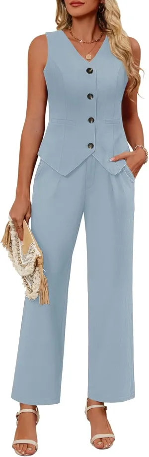 Ficerd Women's 2 Piece Outfits, Sleeveless Cotton Suit Vest and Wide Leg Pant Summer Business Casual Button V Neck Blazer Set