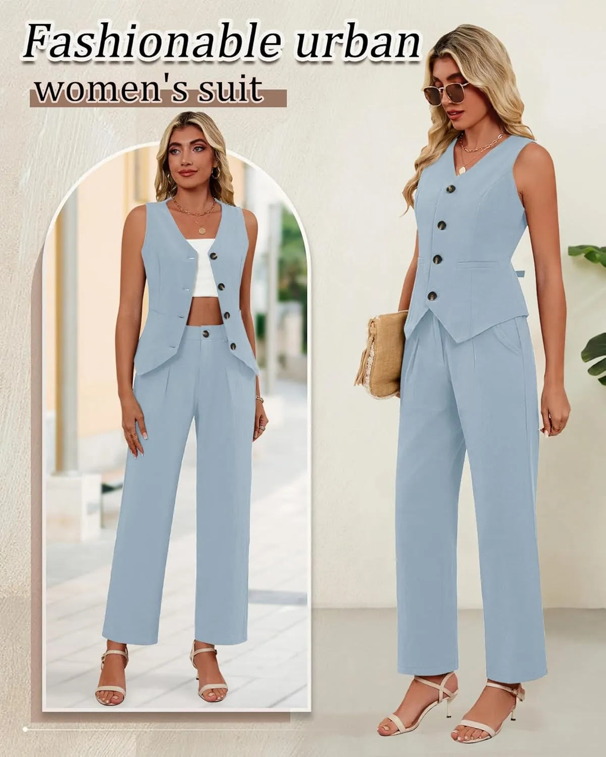 Ficerd Women's 2 Piece Outfits, Sleeveless Cotton Suit Vest and Wide Leg Pant Summer Business Casual Button V Neck Blazer Set