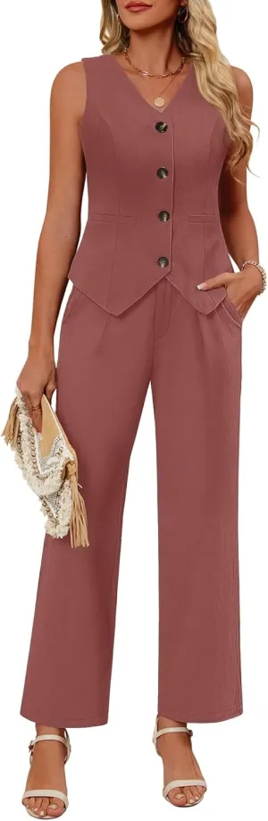 Ficerd Women's 2 Piece Outfits, Sleeveless Cotton Suit Vest and Wide Leg Pant Summer Business Casual Button V Neck Blazer Set