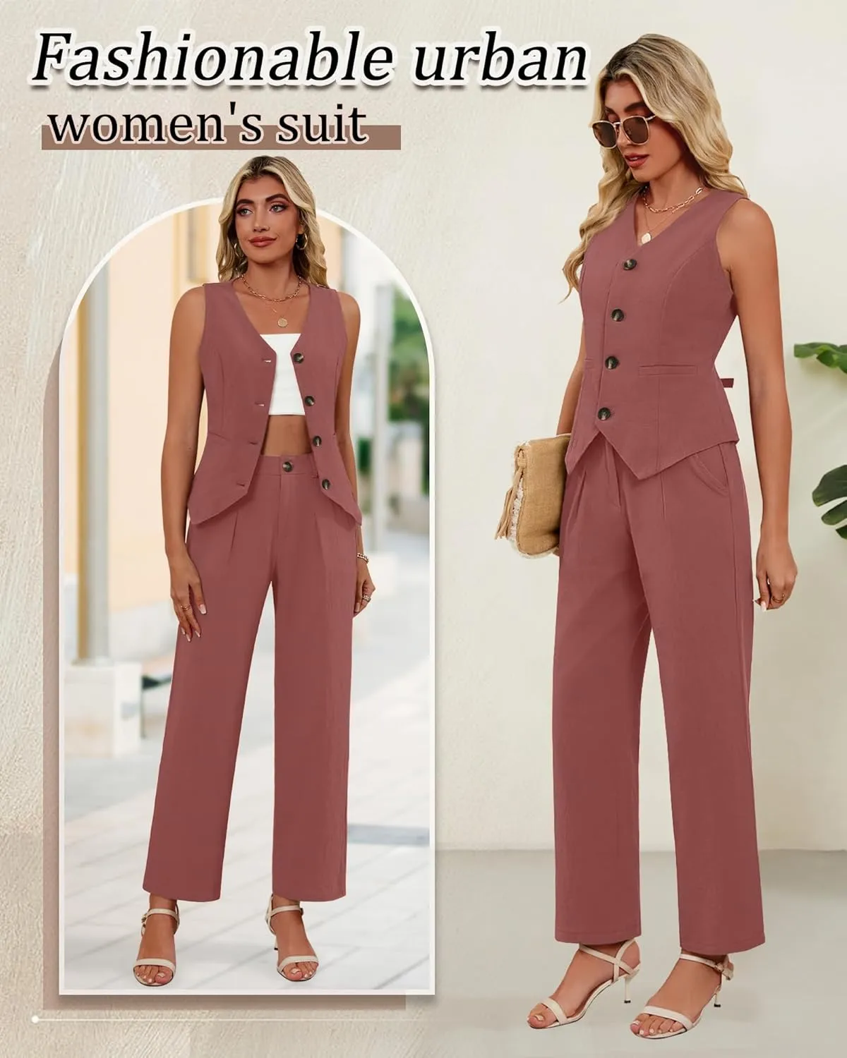 Ficerd Women's 2 Piece Outfits, Sleeveless Cotton Suit Vest and Wide Leg Pant Summer Business Casual Button V Neck Blazer Set