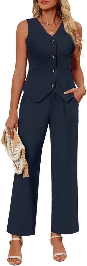 Ficerd Women's 2 Piece Outfits, Sleeveless Cotton Suit Vest and Wide Leg Pant Summer Business Casual Button V Neck Blazer Set