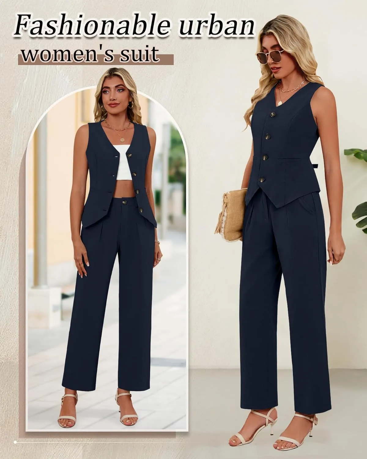 Ficerd Women's 2 Piece Outfits, Sleeveless Cotton Suit Vest and Wide Leg Pant Summer Business Casual Button V Neck Blazer Set