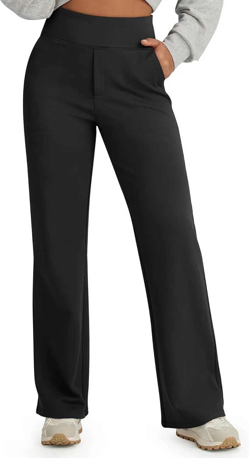 G4Free Fleece Lined Pants Women High Waisted Wide Leg Pants Winter Warm Thermal Sweatpants with Pockets 29"/31"/33"