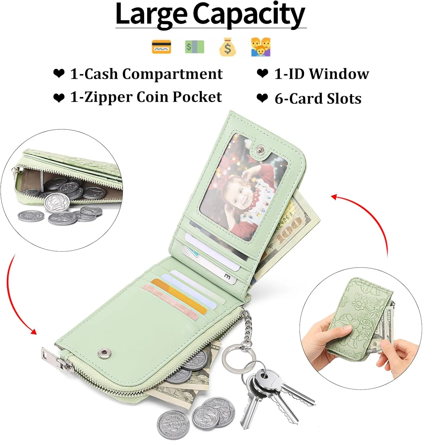 GAEKEAO Small Credit Card Holder Wallet for Women RFID Leather Slim Wristlet Keychain Wallets With Zipper Pocket