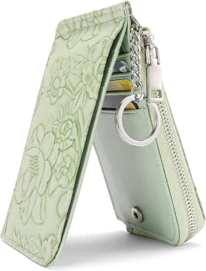 GAEKEAO Small Credit Card Holder Wallet for Women RFID Leather Slim Wristlet Keychain Wallets With Zipper Pocket
