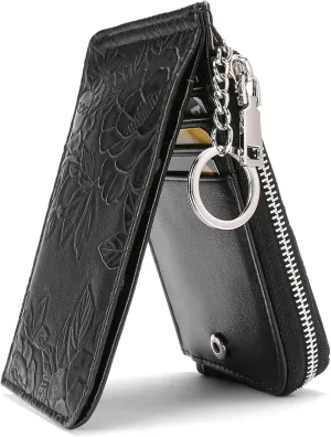 GAEKEAO Small Credit Card Holder Wallet for Women RFID Leather Slim Wristlet Keychain Wallets With Zipper Pocket