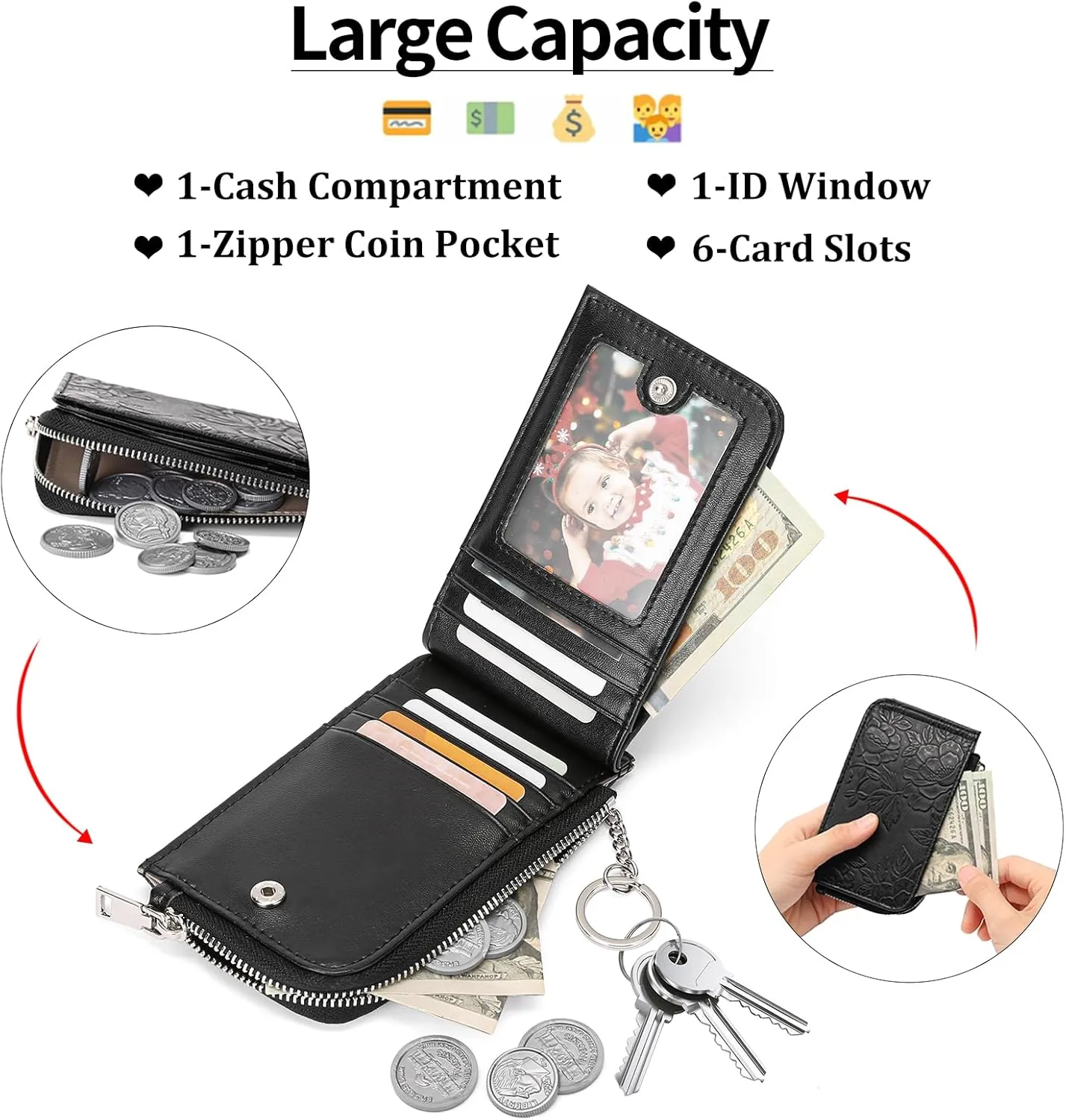 GAEKEAO Small Credit Card Holder Wallet for Women RFID Leather Slim Wristlet Keychain Wallets With Zipper Pocket