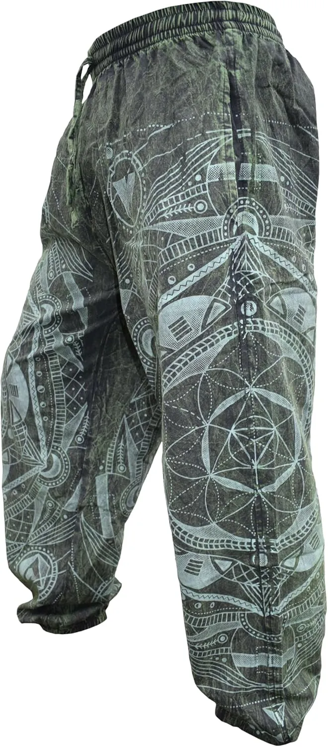 Gheri Mens Stone Washed Boho Print Harem Trousers Elastic Waist Beach Pants