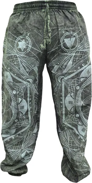 Gheri Mens Stone Washed Boho Print Harem Trousers Elastic Waist Beach Pants