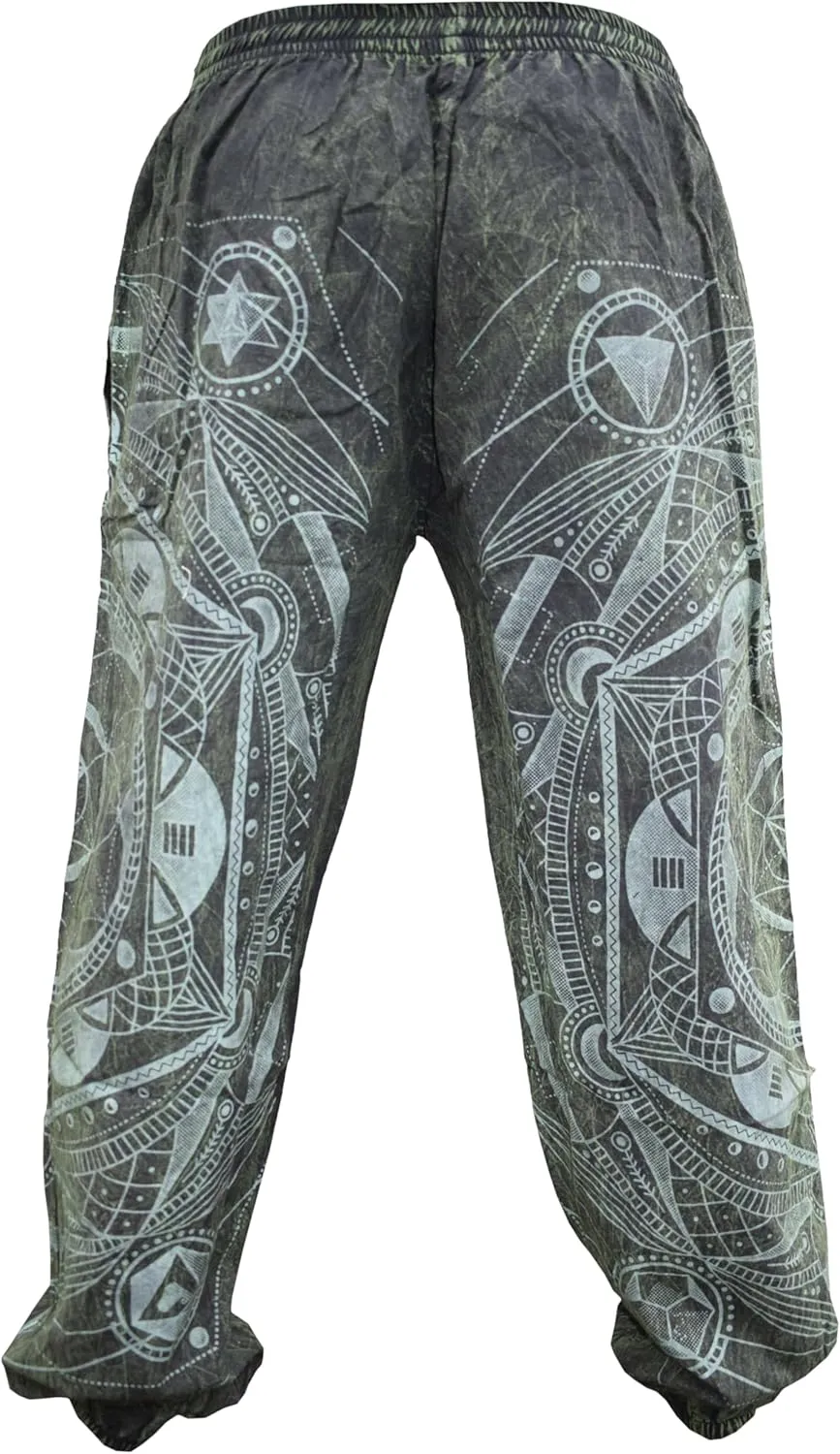 Gheri Mens Stone Washed Boho Print Harem Trousers Elastic Waist Beach Pants