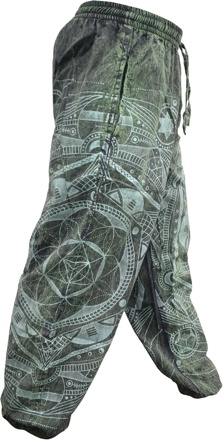 Gheri Mens Stone Washed Boho Print Harem Trousers Elastic Waist Beach Pants