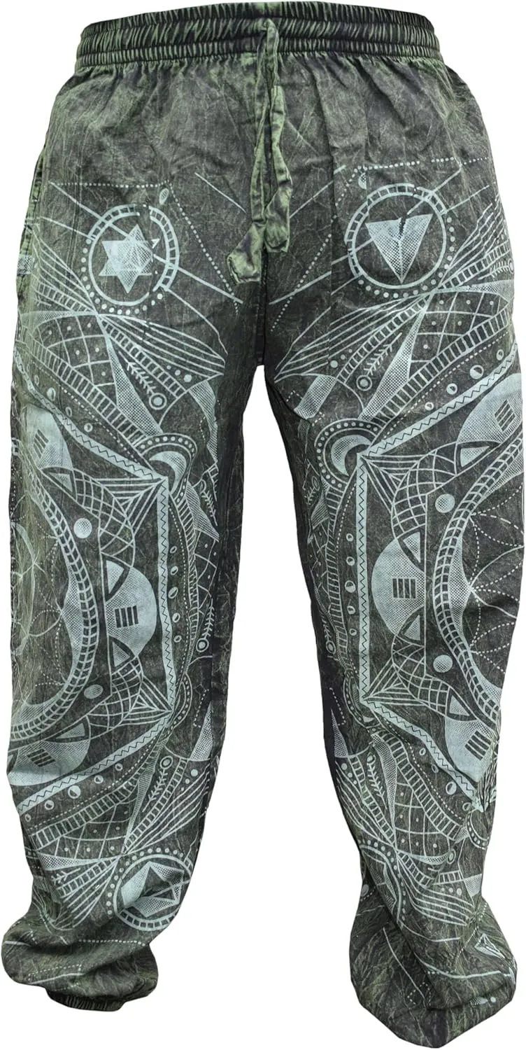 Gheri Mens Stone Washed Boho Print Harem Trousers Elastic Waist Beach Pants
