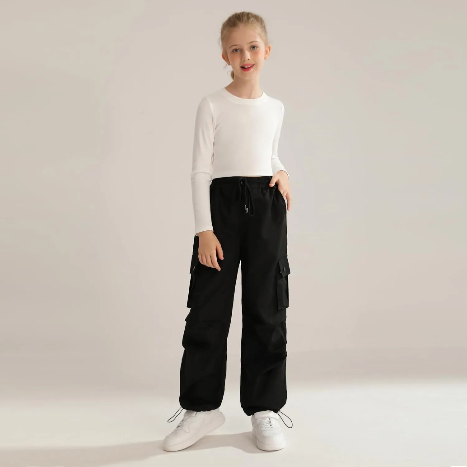 Girls Cargo Jogger Pants Parachute Pants with Elastic Waist and Pockets Cargo Trousers for Teens Girls 7-14 Years