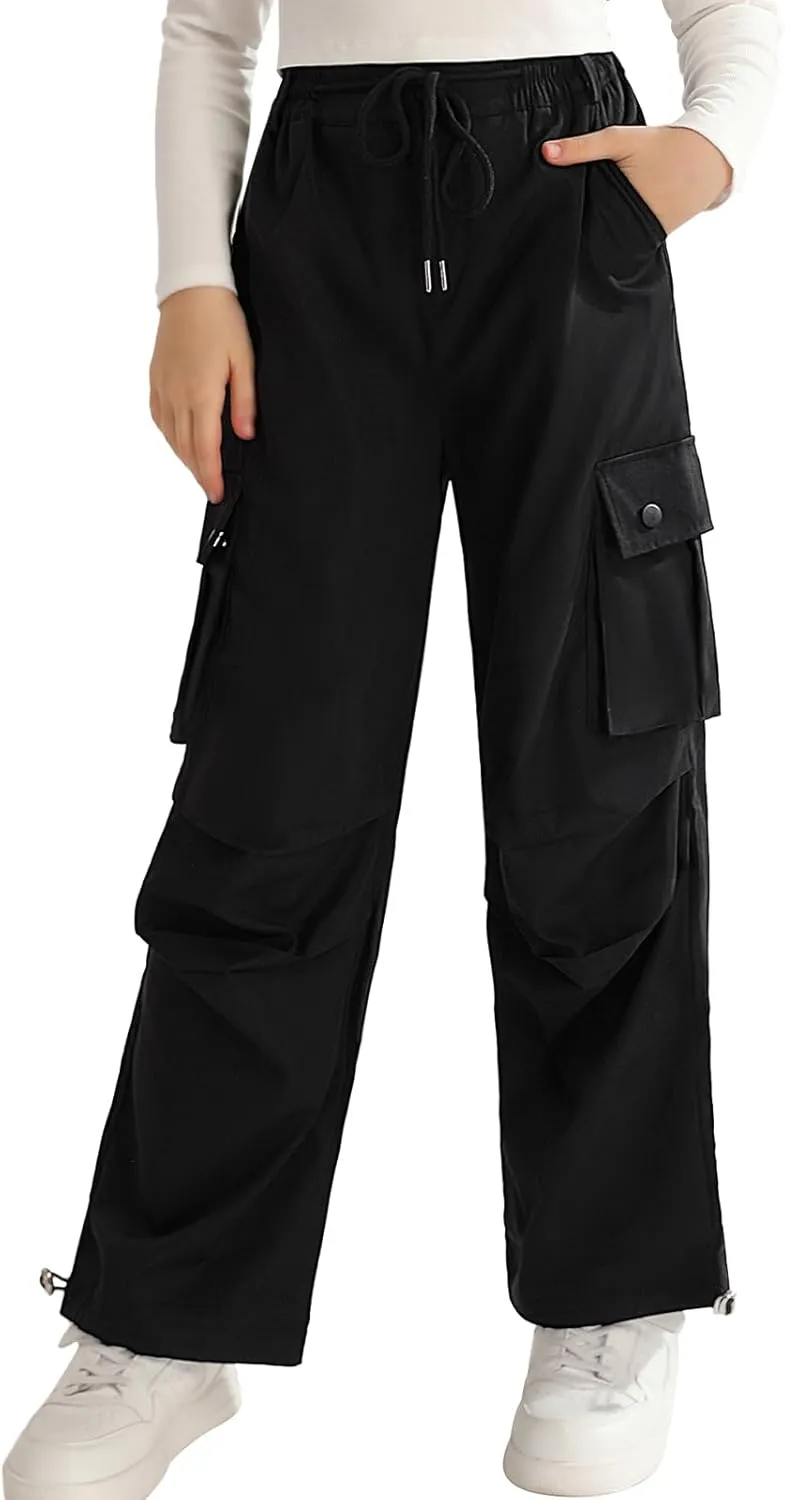 Girls Cargo Jogger Pants Parachute Pants with Elastic Waist and Pockets Cargo Trousers for Teens Girls 7-14 Years