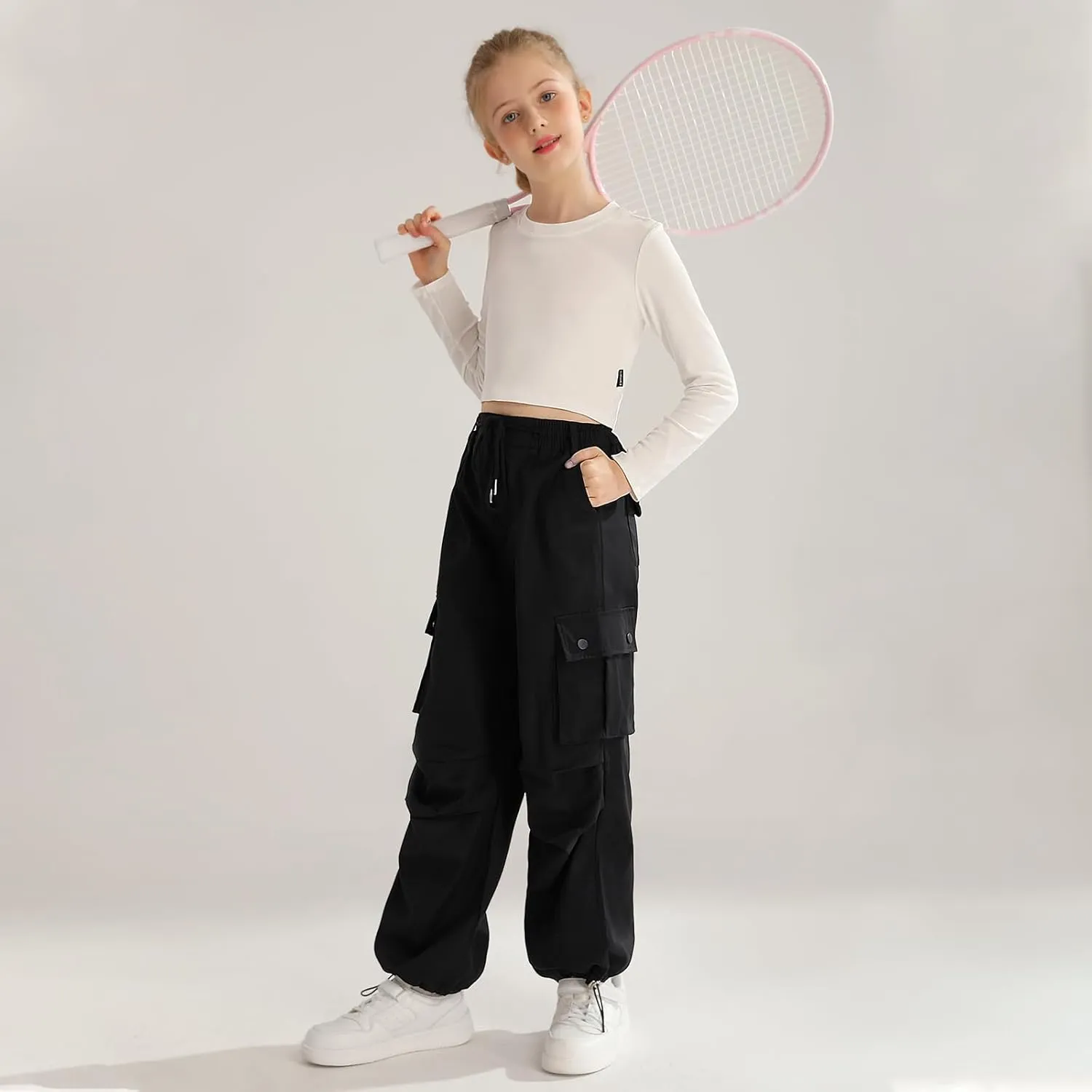 Girls Cargo Jogger Pants Parachute Pants with Elastic Waist and Pockets Cargo Trousers for Teens Girls 7-14 Years