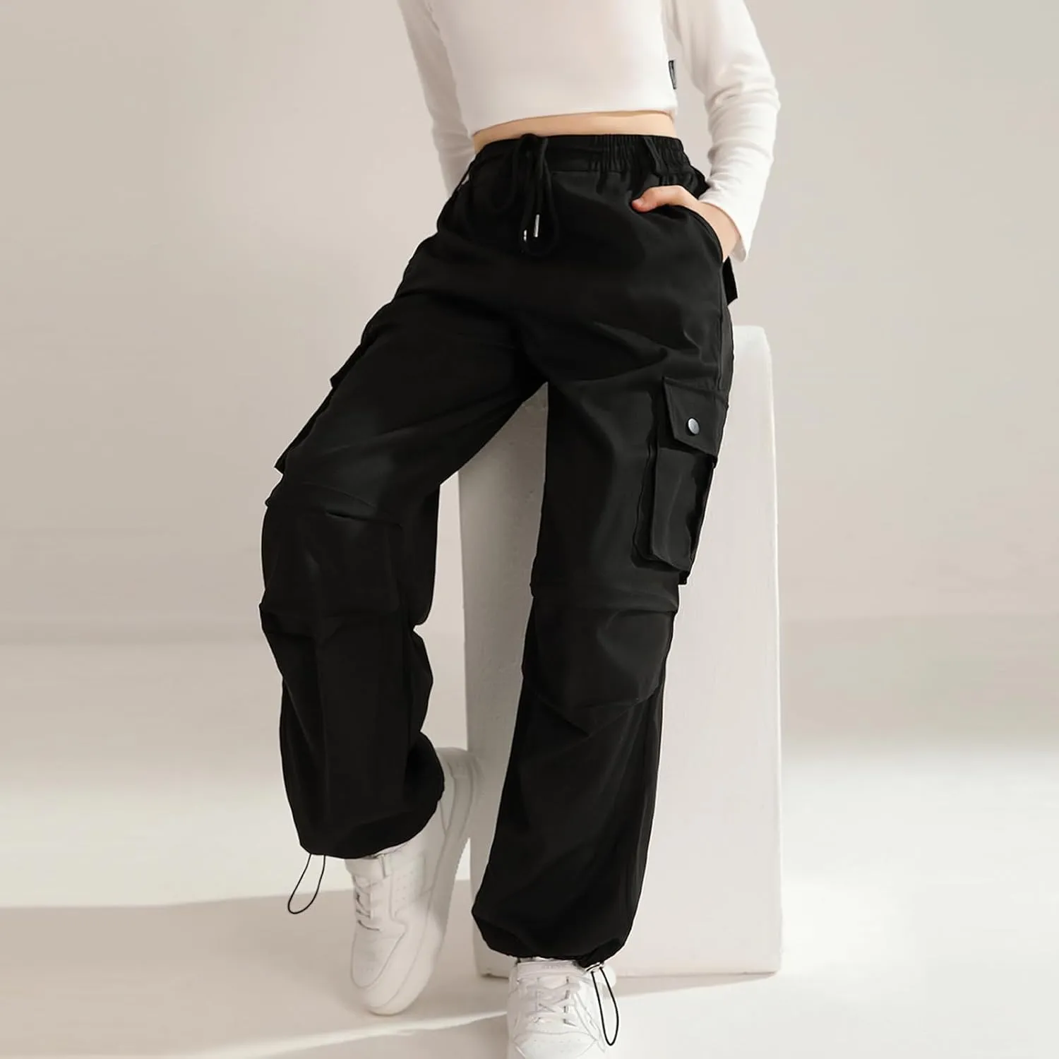 Girls Cargo Jogger Pants Parachute Pants with Elastic Waist and Pockets Cargo Trousers for Teens Girls 7-14 Years