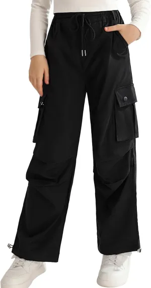 Girls Cargo Jogger Pants Parachute Pants with Elastic Waist and Pockets Cargo Trousers for Teens Girls 7-14 Years
