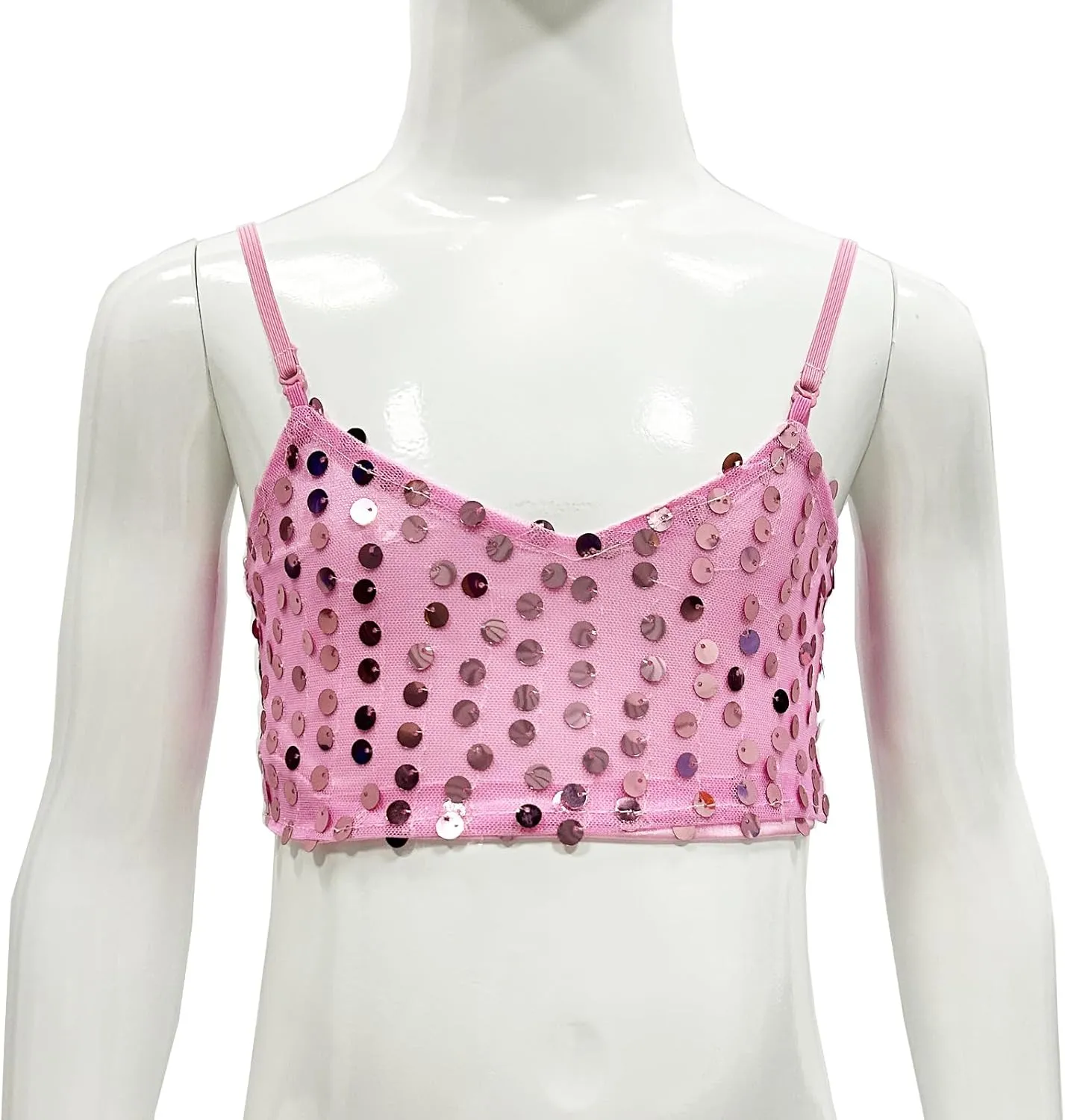 Girls Sequins V Neck Dance Tops Straps Jazz Latin Hip Hop Modern Dance Bra Vest Shirt Stage Performance Costume