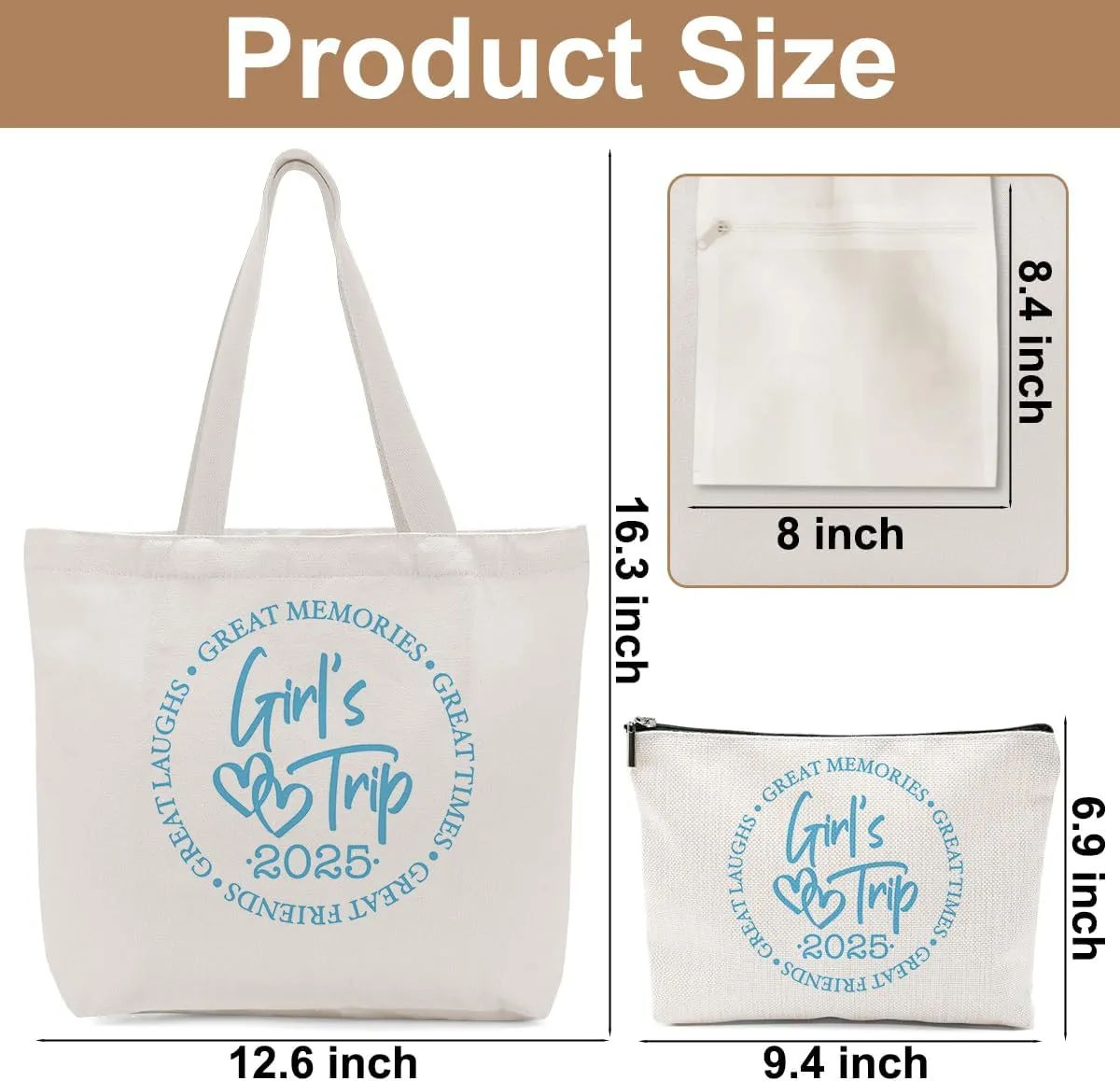 Girls Trip Gifts Favors, 2025 Travel Makeup Bag Tote Bag, Vacation Weekender Bags for Women Friend Sisters, Girls Weekend Gifts Bachelorette Party Friendship Gifts Shopping Bags Cosmetic Bag