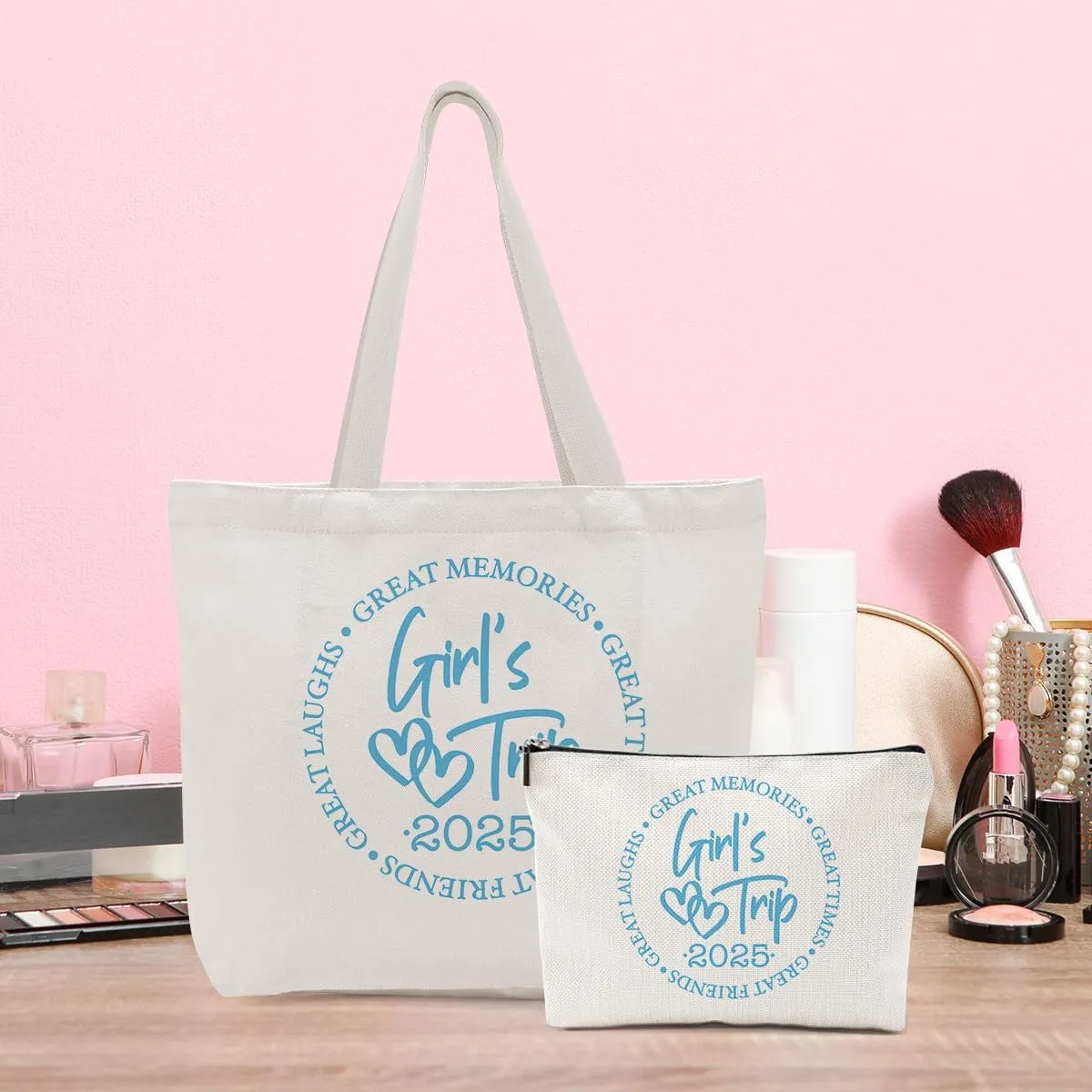 Girls Trip Gifts Favors, 2025 Travel Makeup Bag Tote Bag, Vacation Weekender Bags for Women Friend Sisters, Girls Weekend Gifts Bachelorette Party Friendship Gifts Shopping Bags Cosmetic Bag
