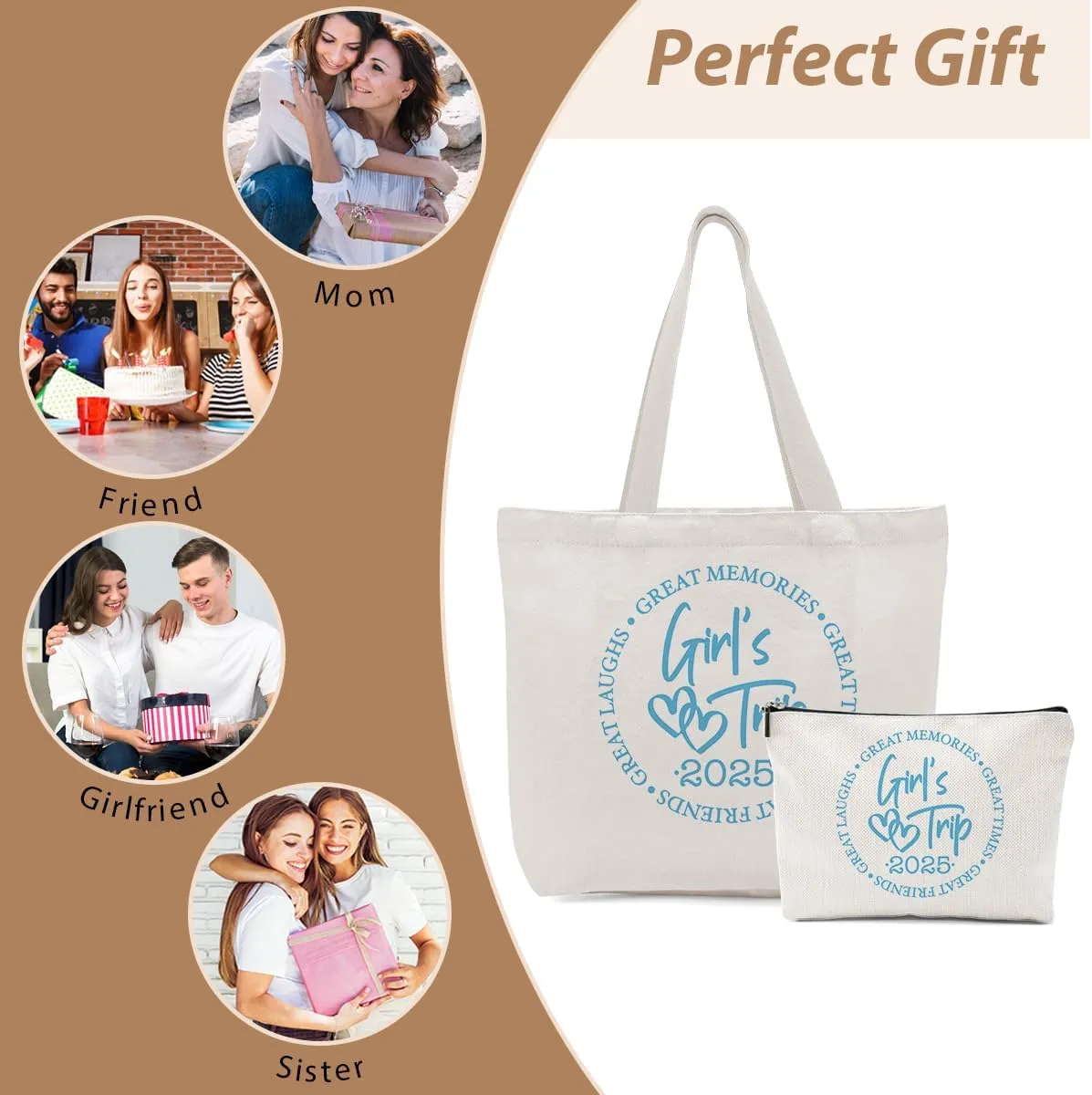 Girls Trip Gifts Favors, 2025 Travel Makeup Bag Tote Bag, Vacation Weekender Bags for Women Friend Sisters, Girls Weekend Gifts Bachelorette Party Friendship Gifts Shopping Bags Cosmetic Bag