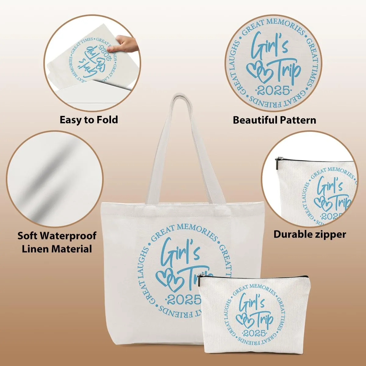 Girls Trip Gifts Favors, 2025 Travel Makeup Bag Tote Bag, Vacation Weekender Bags for Women Friend Sisters, Girls Weekend Gifts Bachelorette Party Friendship Gifts Shopping Bags Cosmetic Bag