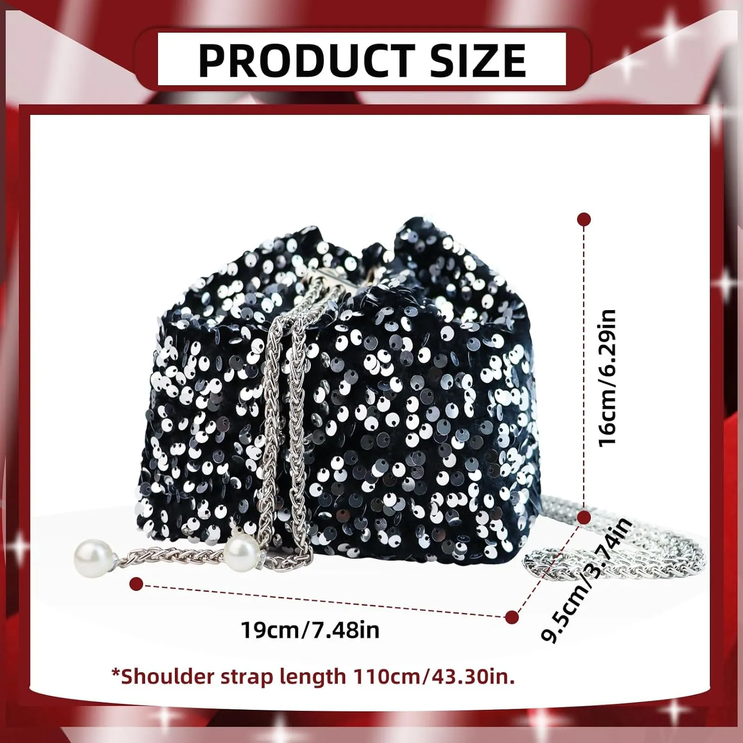 Glitter Bucket Bags for Women, Sparkly Purse with Hardware Chain Drawstring and Detachable Chain, Sequin Purses