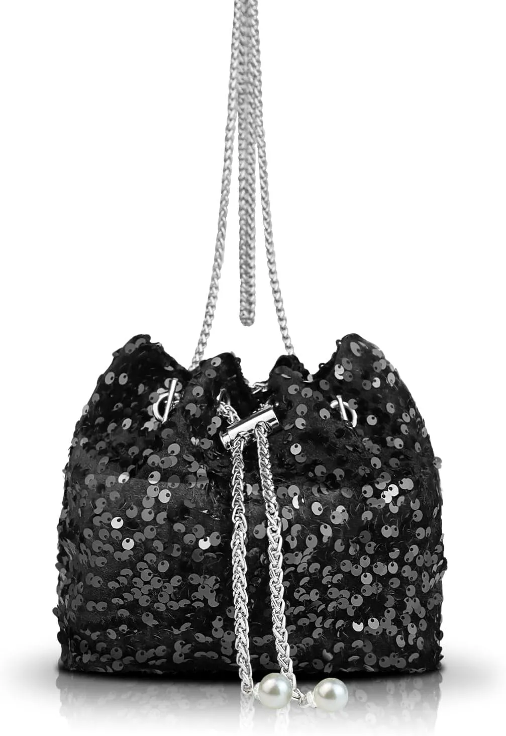 Glitter Bucket Bags for Women, Sparkly Purse with Hardware Chain Drawstring and Detachable Chain, Sequin Purses